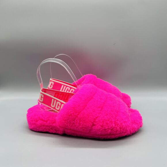 UGG Shoes - UGG Shoes Womens 7 Pink Shearling Fluff Yeah Slide Slingback Logo Strap Slippers